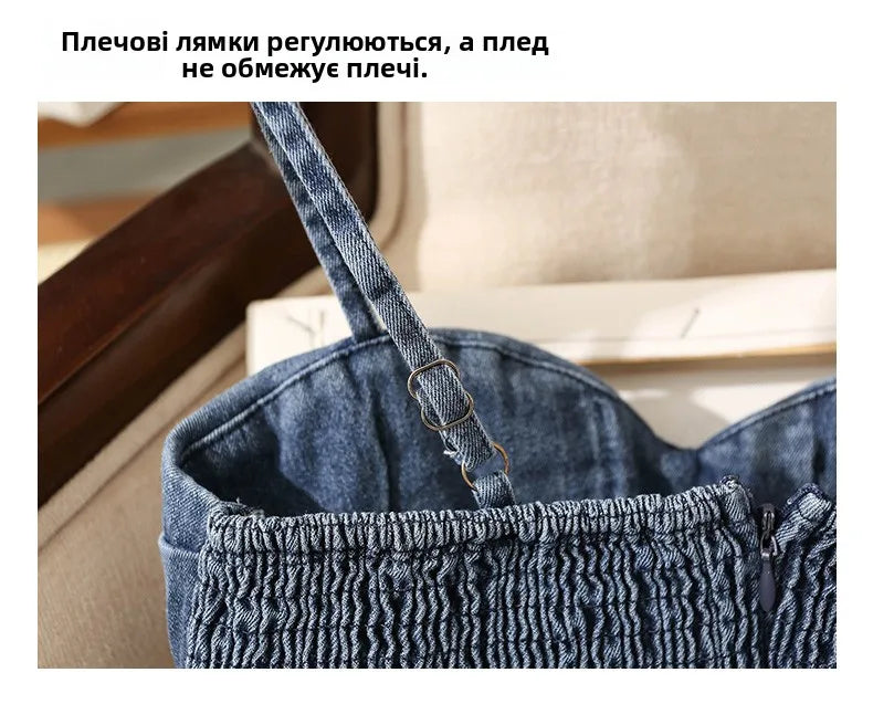 Irregular Halter Neck Denim Crop Top Women Summer Outdoor Wear with Chest Pad Slimming Sexy Girl Shirt Short Length Zipper