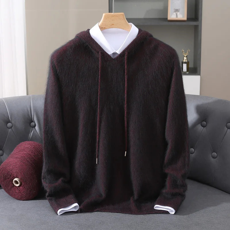 Autumn And Winter New 100% Pure Mink Wool Men Hooded Sweater Solid Color Knitted Sweater Loose Bottoming Leisure