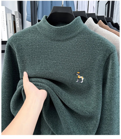 High End Embroidered Snow Carved Velvet Semi High Neck with Thick Velvet Men's Sweater Winter Semi High Neck Base Sweater