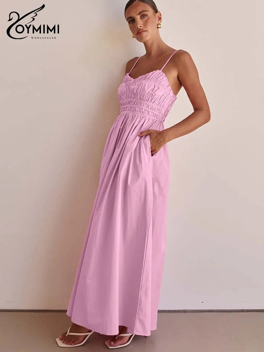 Oymimi Fashion Pink Cotton Women's Dress Elegant Spaghetti Strap Open Back Solid Dresses Casual High Waist Ankle-Length Dresses