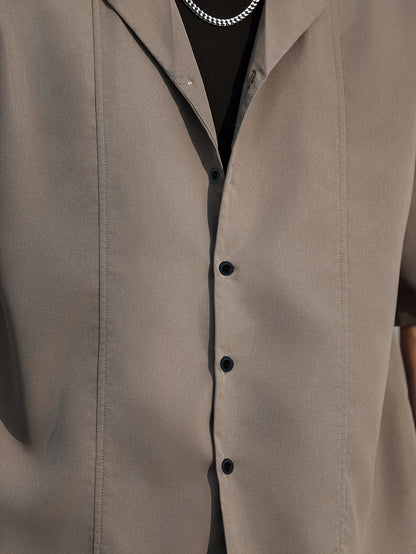 Men's Cuban Collar Casual Short Sleeve Shirt, Summer Solid Color Loose Draped Button-Up Top