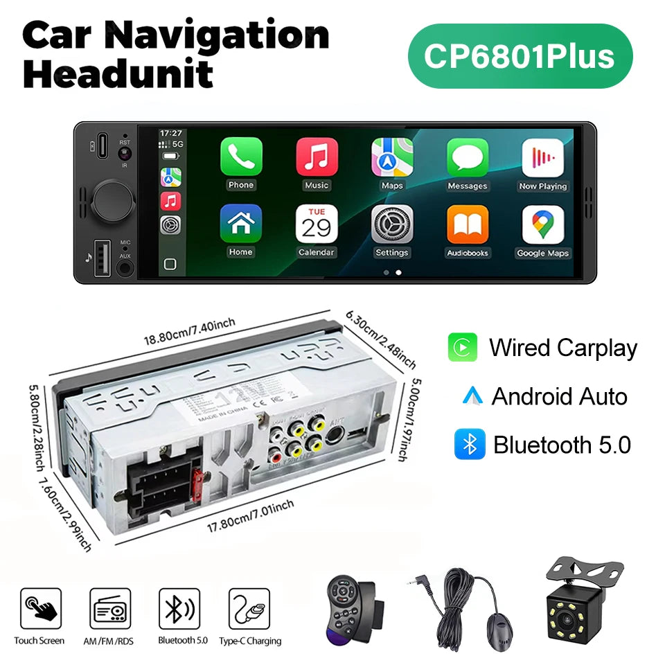 1DIN 6.86inch Universal MP5 Car Radio Support Wireless Carplay Android AUTO AUX USB BT Touch Screen Multimedia Video Player