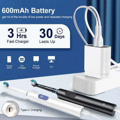 Electric Toothbrush Rotating Deep Clean Whitening Teeth for Adult Ultrasonic Toothbrush with 4/8pcs Refill Replacement Heads