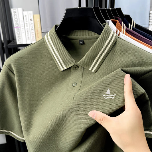 100% Cotton Men's Smart Leisure Polo Shirt Lightweight Comfort Short Sleeve Summer Daily Golf Premium Sailboat Embroidered Tee