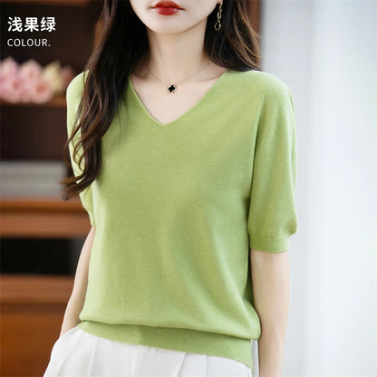 Thin Worsted Wool Short-Sleeved Women's Loose Round Neck T-shirt Printed Summer Fashion Knitted Bottoming Shirt Half-Sleeved