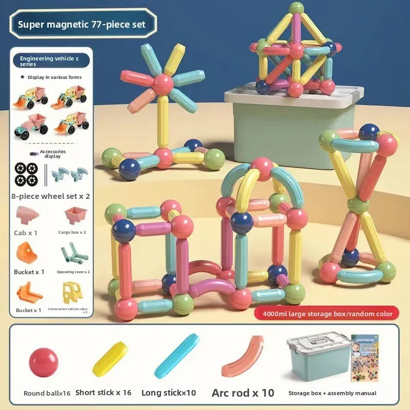Children's Educational Boy Assembled Building Blocks with Changeable Magnetic Rods Baby Magnet Toys.