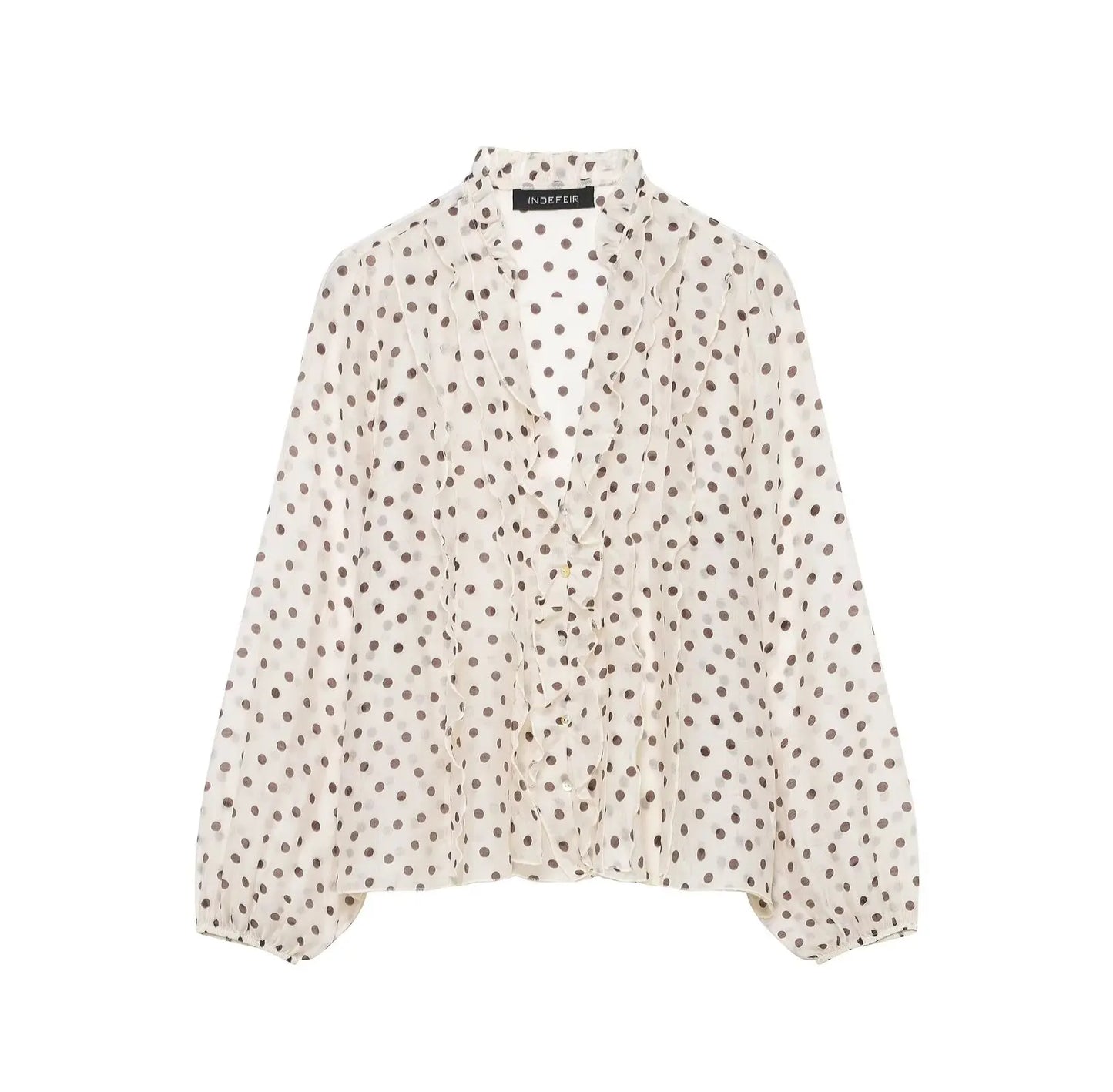 HH Women Elegant Fashion Polka Dot Ruffled Blouse V Neck Long Sleeve Shirt Summer Translucent Thin Tops High Street Chic Shirts