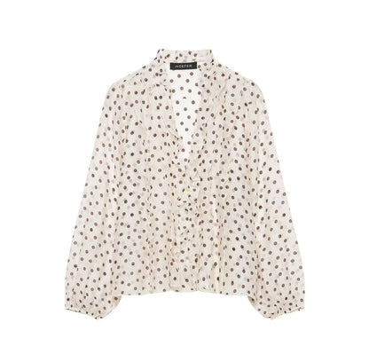 HH Women Elegant Fashion Polka Dot Ruffled Blouse V Neck Long Sleeve Shirt Summer Translucent Thin Tops High Street Chic Shirts