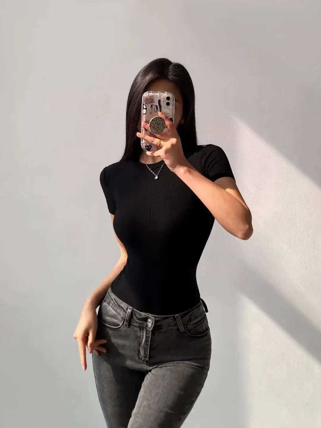 Summer Short Sleeve O-neck Knitted Bodysuits Women Stretchable Slim Basic Solid Color Tops
