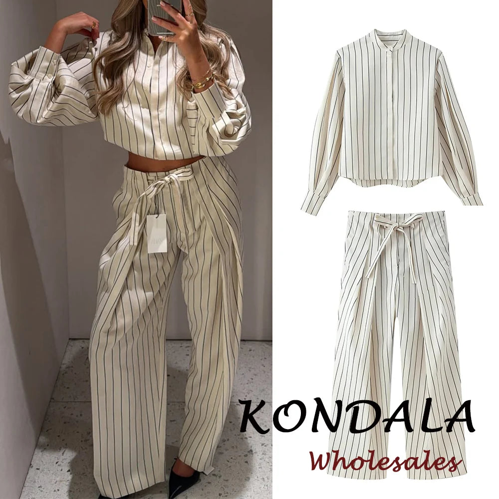 KONDALA Chic Spring Casual Striped Women Suit Single Breasted Loose Shirt+ Lace-up Wide Leg Long Pants Fashion 2026 Female Suit