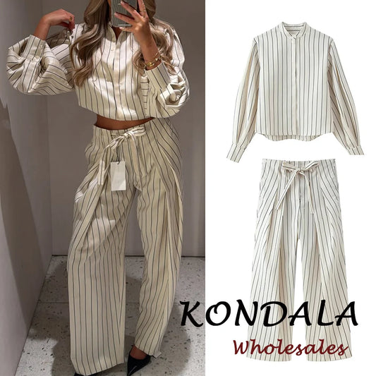KONDALA Chic Spring Casual Striped Women Suit Single Breasted Loose Shirt+ Lace-up Wide Leg Long Pants Fashion 2026 Female Suit