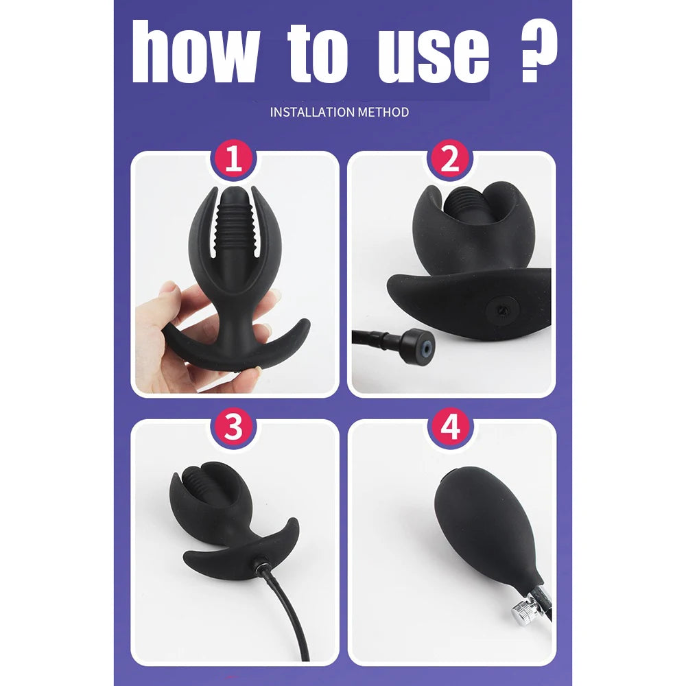 Silicone Magnetic Inflatable Butt Plug with Pump - Black Expandable Anal Stretcher, Prostate Massager Sex Toy for Men Women