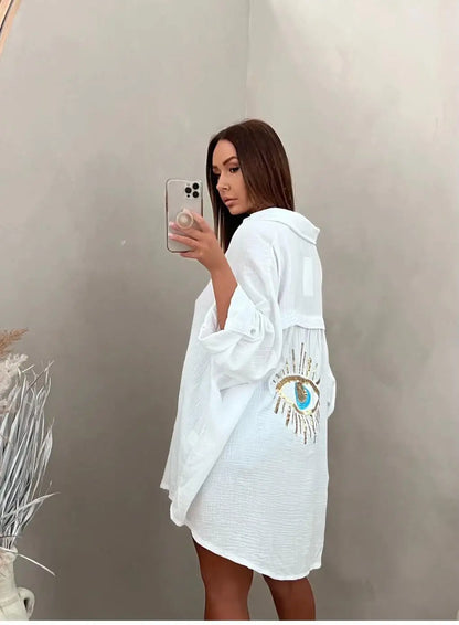Spring Summer 2024 Women's Casual Evil Eye Shirt Long Sleeve Turn-down Collar Regular Length Other Material 100% Fashion Ladi...