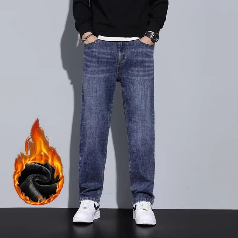 New Men Snow Warm Plush Fleece Jeans Male Daily Youthful Vitality Fashion Loose Straight Denim Pants Thermal Dark Gray Trousers