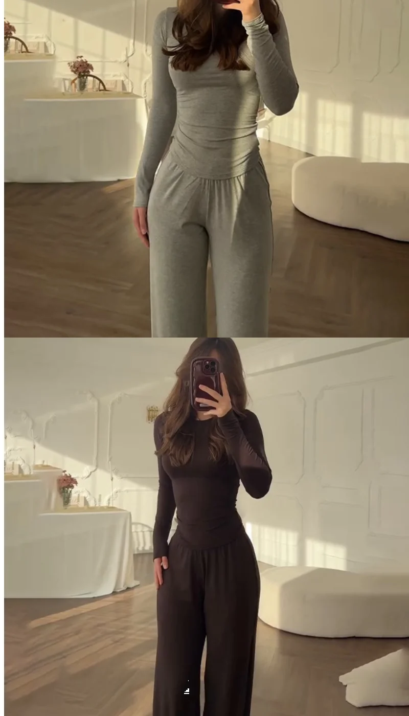 Women's Fashionable round Neck Long Sleeve Elastic Waist Pants Set Casual Style Two-Piece Suit Autumn Collection Trendy Outfit