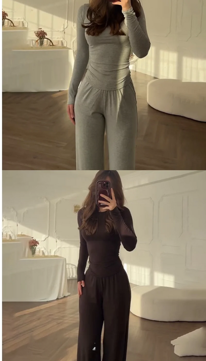 Women's Fashionable round Neck Long Sleeve Elastic Waist Pants Set Casual Style Two-Piece Suit Autumn Collection Trendy Outfit