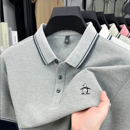 Brand striped men's polo shirt short sleeved penguin print top summer 100% cotton comfortable breathable casual lapel T-shirt