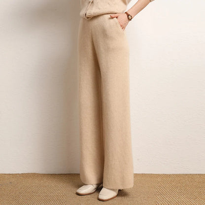 Women's 100% Cashmere Wide Leg Pants Knitted Thick Autumn/Winter Casual Solid Color Elastic Waistband Pockets