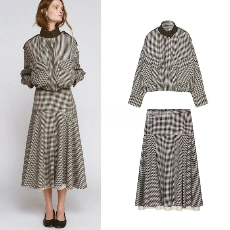 Color Block Plaid Pilot Jacket Coat High Collar Long Sleeve Women's Spring Fashion Set with Midi Skirt Spring Season Pattern