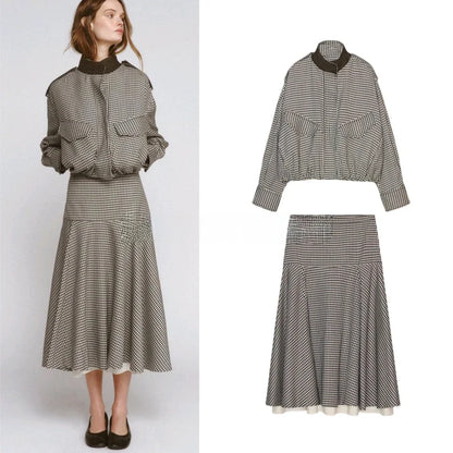 Color Block Plaid Pilot Jacket Coat High Collar Long Sleeve Women's Spring Fashion Set with Midi Skirt Spring Season Pattern