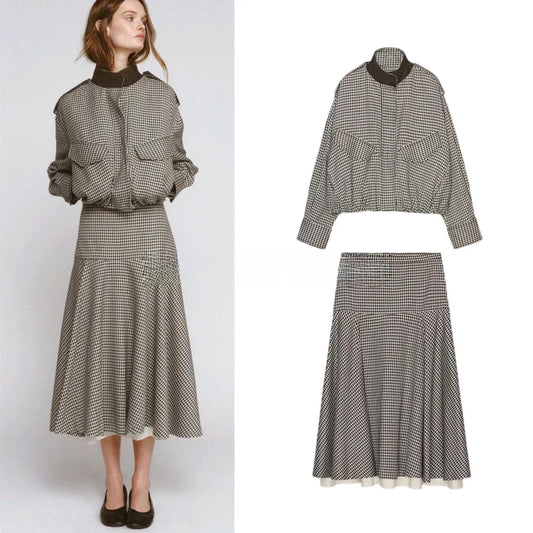 Color Block Plaid Pilot Jacket Coat High Collar Long Sleeve Women's Spring Fashion Set with Midi Skirt Spring Season Pattern