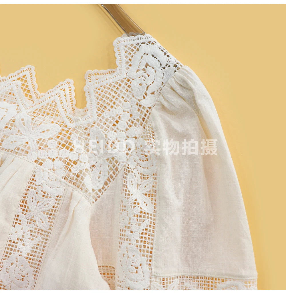HEIDD Gentle Wave Collar Embroidered Heavy Work Loose Shirt Women's Spring 2026 Breathable Long Sleeve Cotton Gentle Style