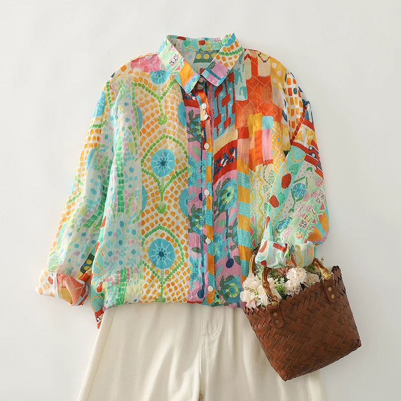 Loose Long Sleeve Linen Shirt Women Spring Thin Breathable Cotton Linen Print Casual Turn-down Collar Top Artistic Style