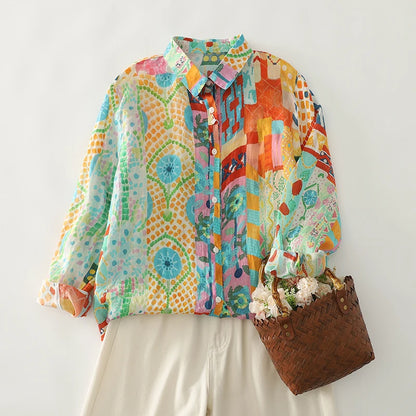 Loose Long Sleeve Linen Shirt Women Spring Thin Breathable Cotton Linen Print Casual Turn-down Collar Top Artistic Style