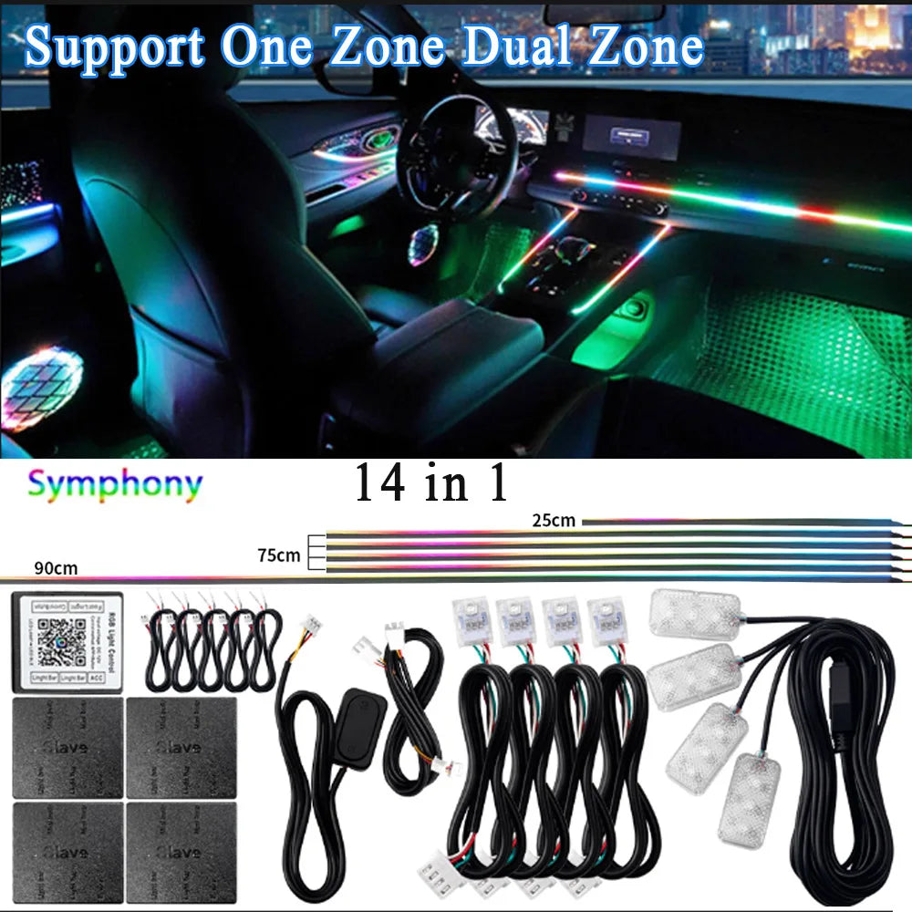 6/14/18 in 1 Led Acrylic Car Ambient Light RGB 64 213 Color Symphony Acrylic APP Streamer Rainbow Atmosphere Lamp Kit Dual Zone