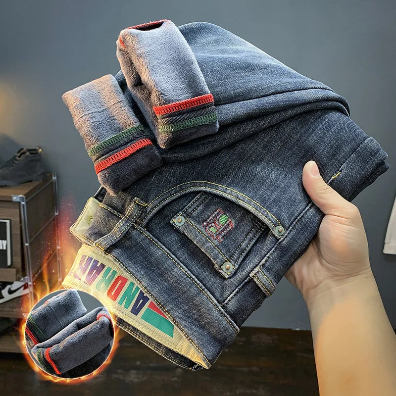 Fleece-Lined Thick Jeans Men's Winter 2023 New Casual Small Straight Pants Slim-Fit Fleece All-Matching Trousers