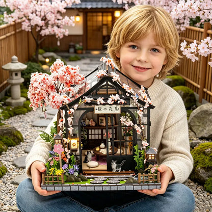 DIY Miniature Dollhouse Kit Japanese Sakura Greenhouse with LED Light Included 3D Wooden Puzzle of Furniture Decor Craft Gifts