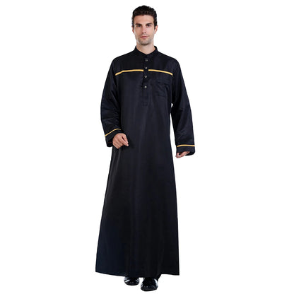 TH818 Men's Muslim Middle Eastern Men Long Sleeves Stand Collar Color-matching Button Robe Ramadan Eid Jubba Thobe