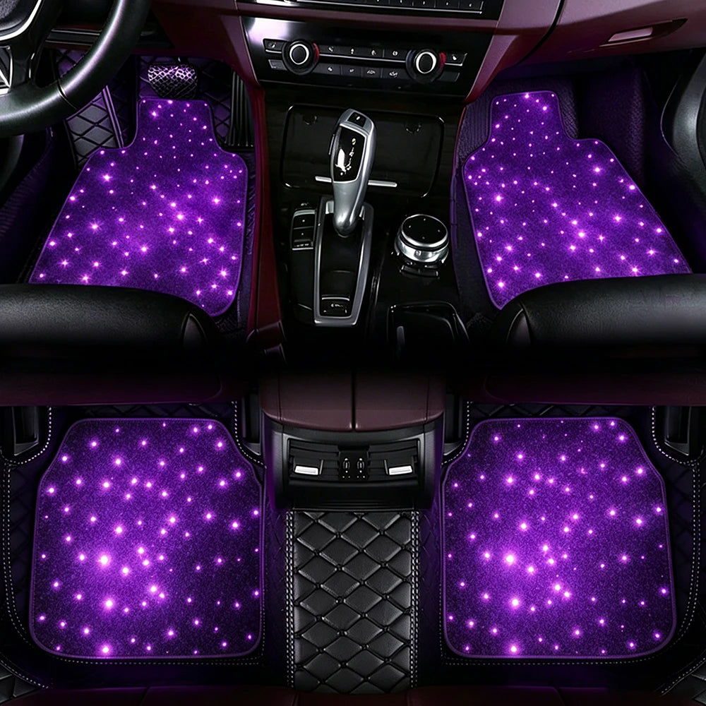 4pcs Starlight LED Car Floor Mats, App Control Washable Fiber Optic Lights Universal Automotive Decoration Atmosphere Light