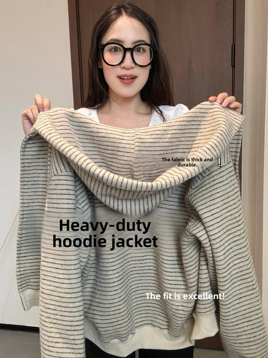 Korean Style Fleece Lined Thickened Striped Open Cardigan Hoodie Women's Loose Long Sleeve Top Autumn Winter New Arrival