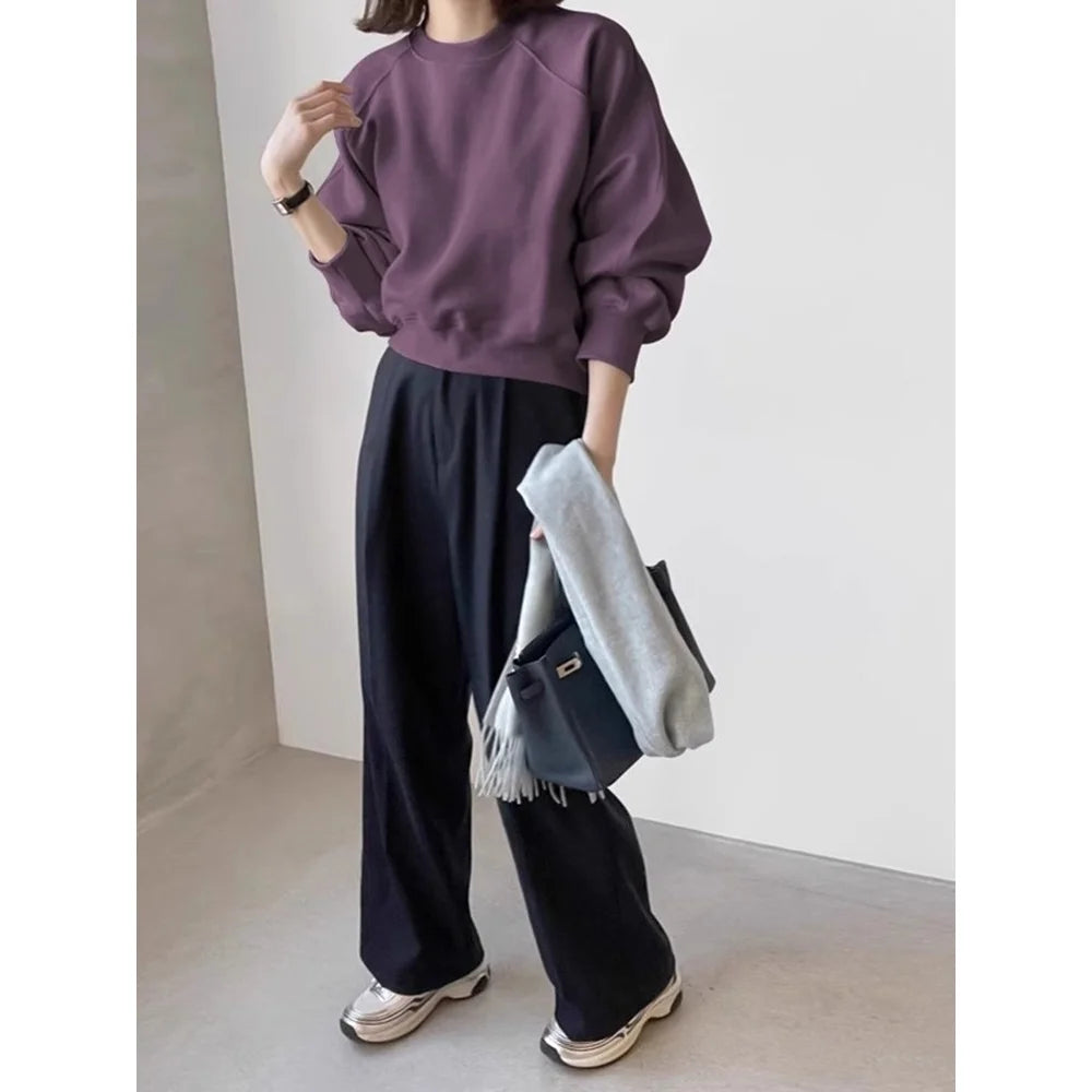 Retro Shoulder Sleeve round Neck Sweatshirt Women's Spring Autumn Fashion Casual Short Style Overhead Top Polyester Fiber