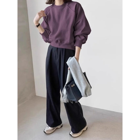 Retro Shoulder Sleeve round Neck Sweatshirt Women's Spring Autumn Fashion Casual Short Style Overhead Top Polyester Fiber