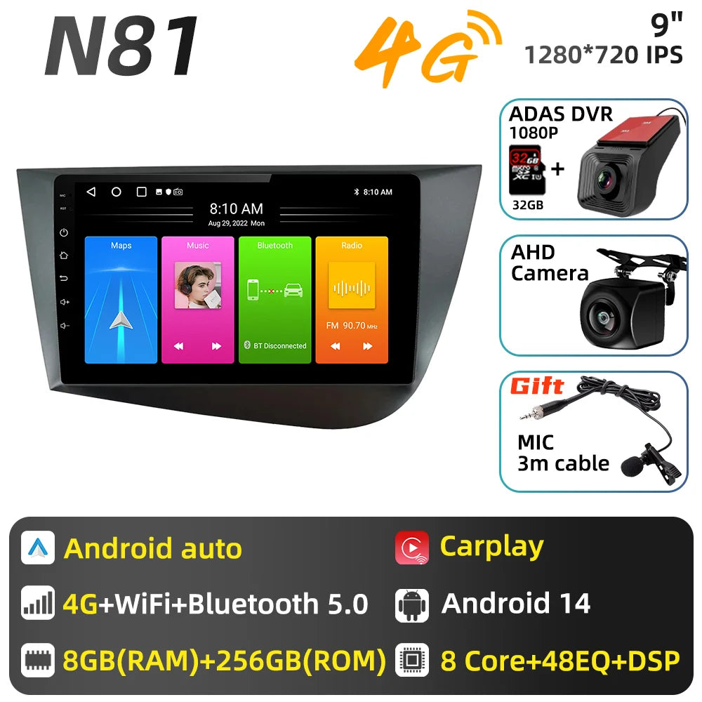 Carplay For Seat Leon 2 MK 2 2005 - 2012 Car Radio Car Multimedia Player Android Auto GPS Navigation Head Unit Stereo 2 Din 4G
