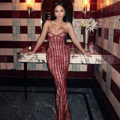 Typhaland Sexy Lace Strapless Maxi Dress Women's Sleeveless Slim Corset Evening Party Dress See Through Fashion Lady Long Dress