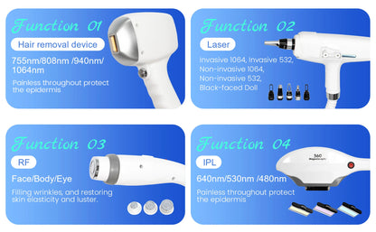 4 IN 1 Soprano Titanium Ice Platinum RF Diode 755 808 940 1064nm 4 Wave Laser ND:YAG Machine Painless Hair Removal Machine