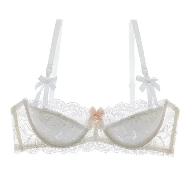 BANERDANNI French Lace Bralette Set Breathable Non-Padded Bra for Petite Sheer Floral Lingerie Wireless Comfort Anti-Gap Design