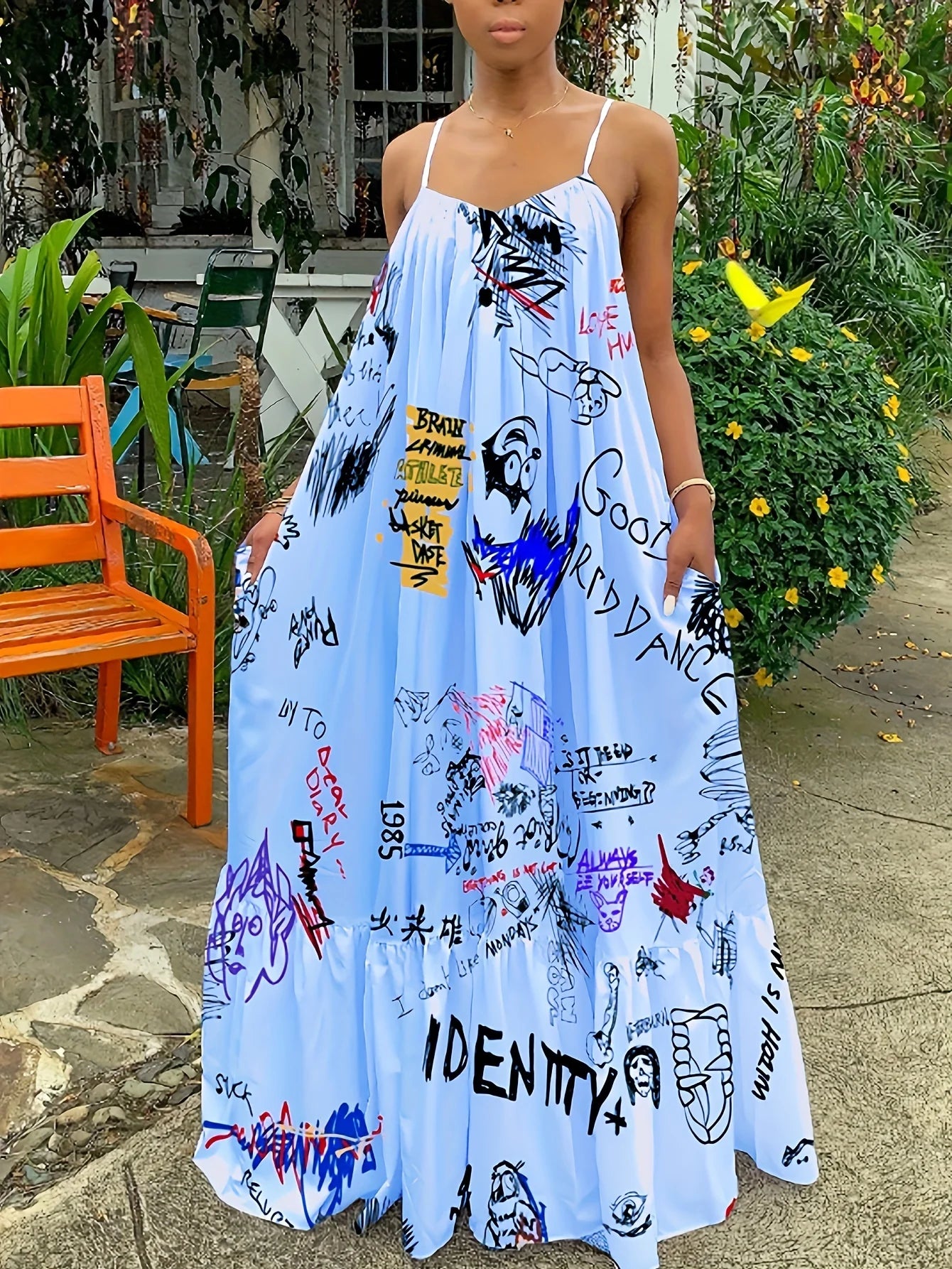 2024 Sexy Summer Dress Women Print Spaghetti Strap Sleeveless Maxi Dress Fashion Pocket Loose Slip Dress Sukienki Letnie