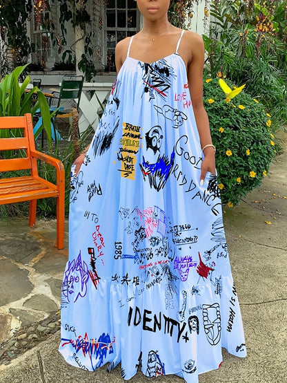 2024 Sexy Summer Dress Women Print Spaghetti Strap Sleeveless Maxi Dress Fashion Pocket Loose Slip Dress Sukienki Letnie