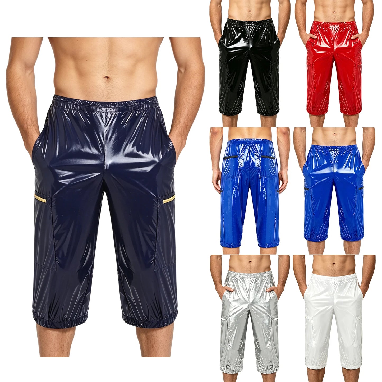 Men Oil Glossy Cargo Shorts Waterproof Elastic Waist Band Multi-pocket Zipper Overalls Capri Pants Dance Clubwear Beach Swimwear