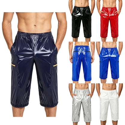 Men Oil Glossy Cargo Shorts Waterproof Elastic Waist Band Multi-pocket Zipper Overalls Capri Pants Dance Clubwear Beach Swimwear