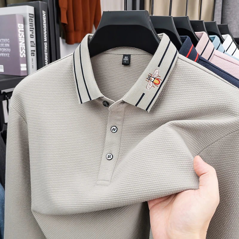 2026 Light Luxury Fashion 100% Pure Cotton Polo Shirt Men's Long Sleeved  Spring New Item Lapel Base T-shirt