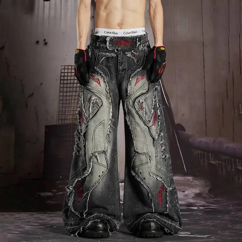 LUZHEN 2026 New Original Burr Outline Patchwork Design Embroidery Straight Jeans Men Streetwear Loose Vintage Denim Pants JY7448