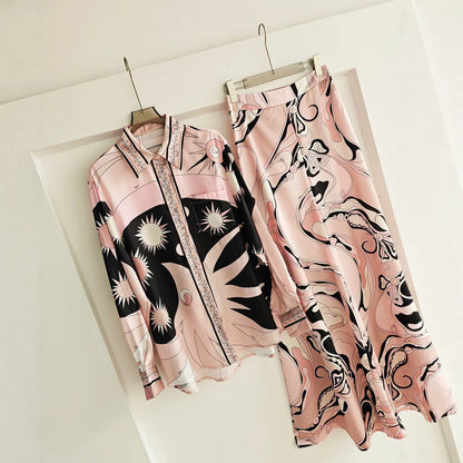 Baroque French Loose Fashion Printed Silk Satin Simulation Long Sleeve Wide Leg Pant Sets Pink Two Piece Casual Suit for Women