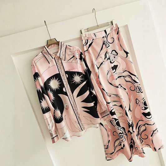 Baroque French Loose Fashion Printed Silk Satin Simulation Long Sleeve Wide Leg Pant Sets Pink Two Piece Casual Suit for Women
