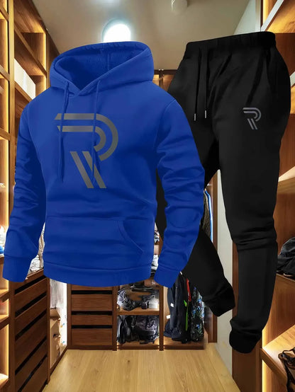 Men's Sporty Two-Piece Set Hoodie And Pants Gray Black Logo Non-Stretch Regular Fit with Pockets for Fall_Winter tracksuit men