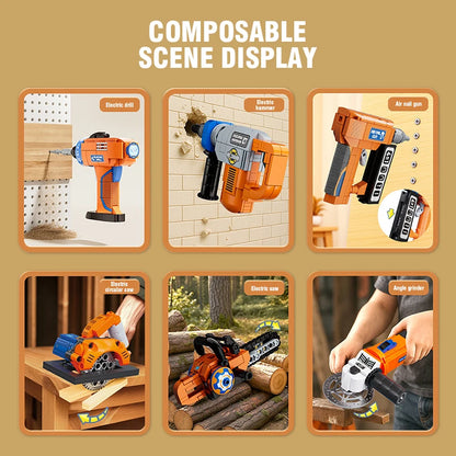 Pretend Play Mini Tool Set Building Blocks DIY Nail Gun Chainsaw Angle Grinder Circular Saw Educational Toy Boys Birthday Gift